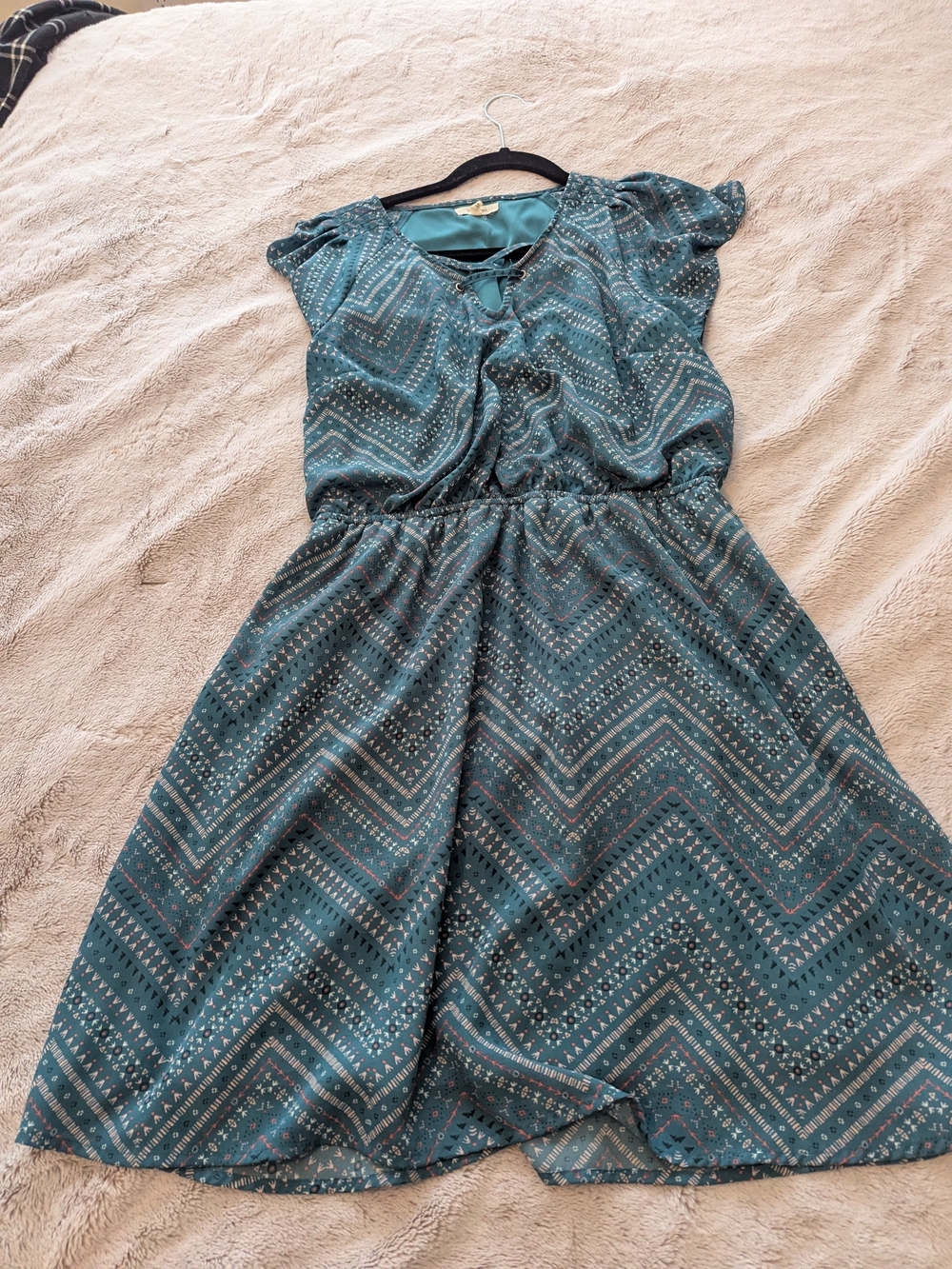 Maurices Teal Patterned Midi Dress with Tie Neck